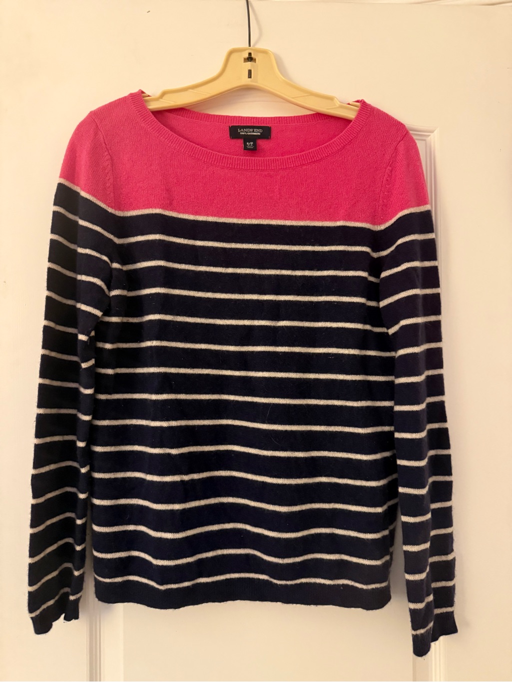 Lands' End Pink And Navy Striped Scoopneck Cashmere Sweater Small